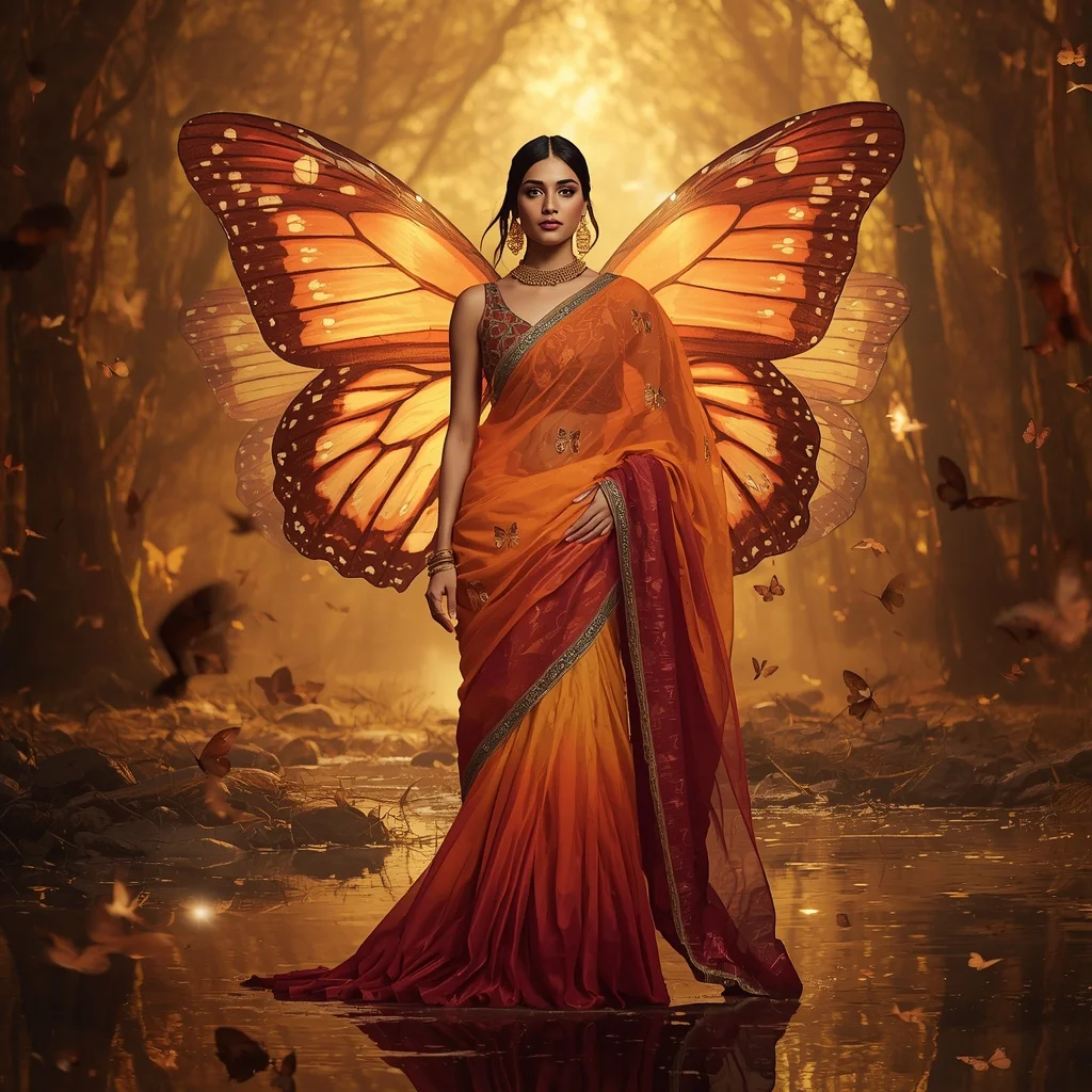 Sunset Butterfly Flame Saree Motion Frames with Golden Fantasy Forest Background | Saree Ai Prompt - Girl Prompt
