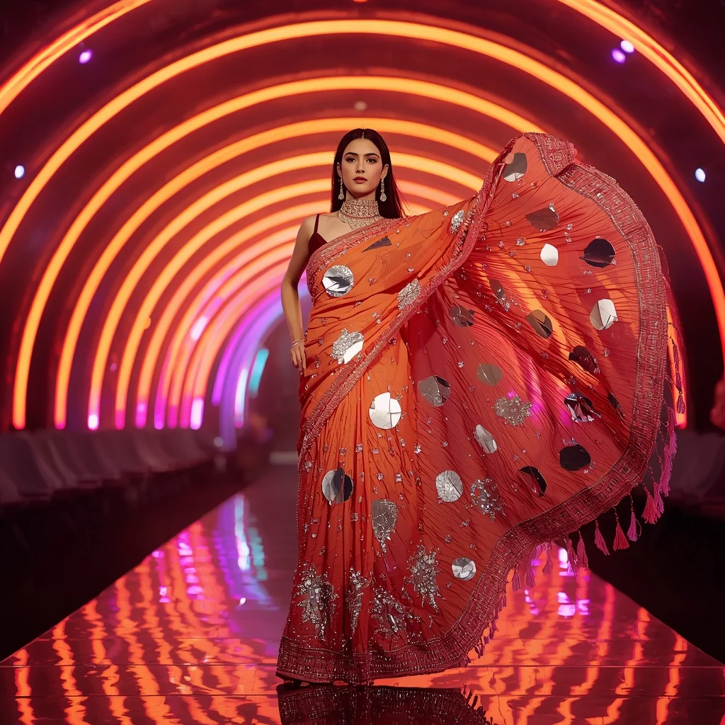 Sunset Mirage Festival Saree with Curved Neon Dome | Stable Diffusion Prompt - Girl Prompt