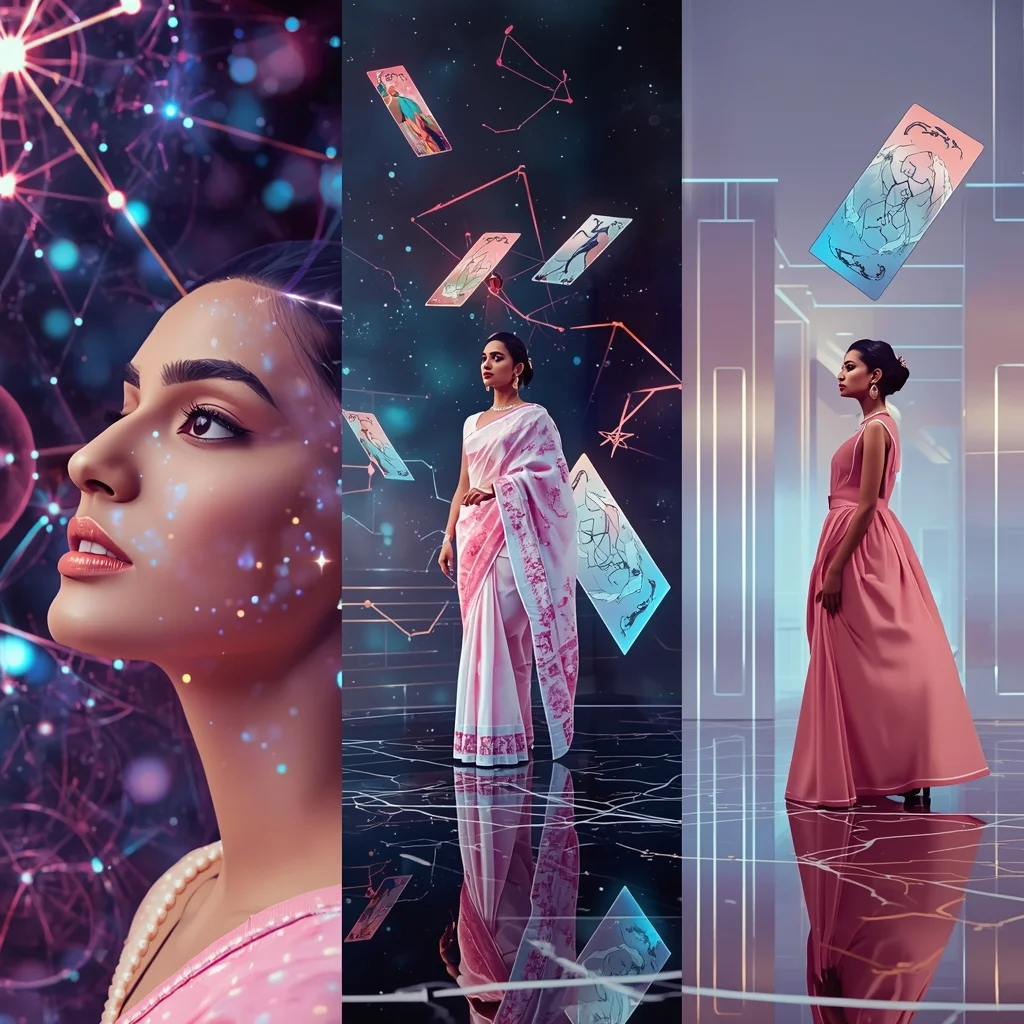 Three Panel Holographic Constellation Tarot Saree Editorial Collage | Saree Photoshoot Ai Prompt - Girl Prompt