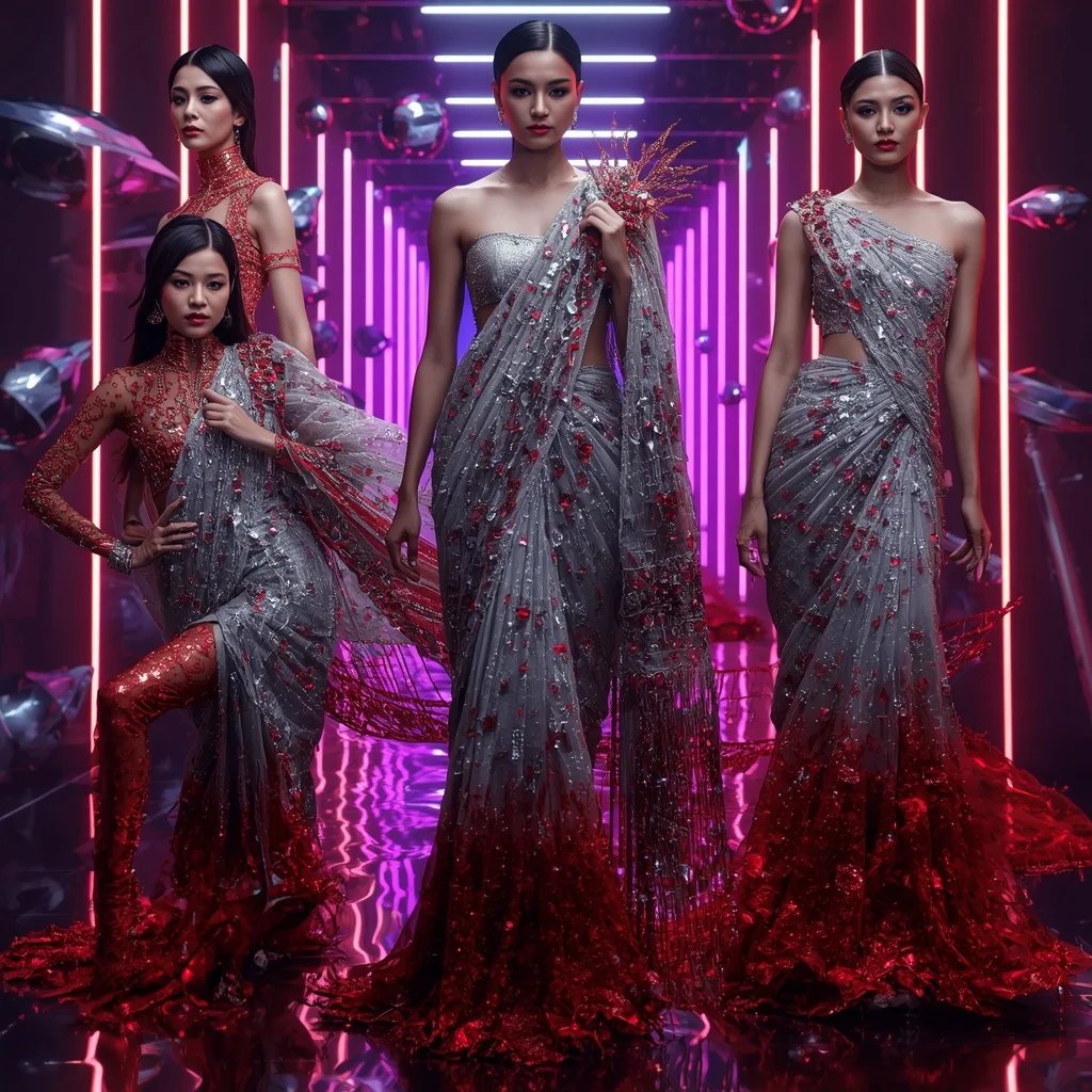 Titanium Crystal Inferno Saree with Floating Neon Orbit Corridors | Ai Prompt For Social Media - Girl Prompt