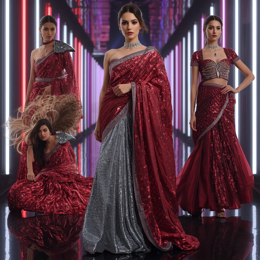 Titanium Crystal Inferno Saree with Floating Neon Orbit Corridors | Ai Prompt Generator Free - Girl Prompt