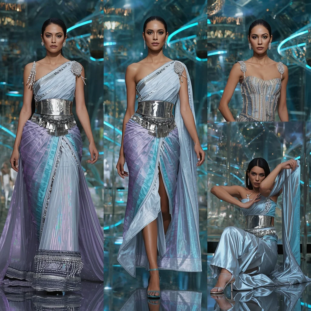 Titanium Prism Mirage Saree with Floating Crystal Orbit Atrium | Instagram Model Ai Prompt - Girl Prompt