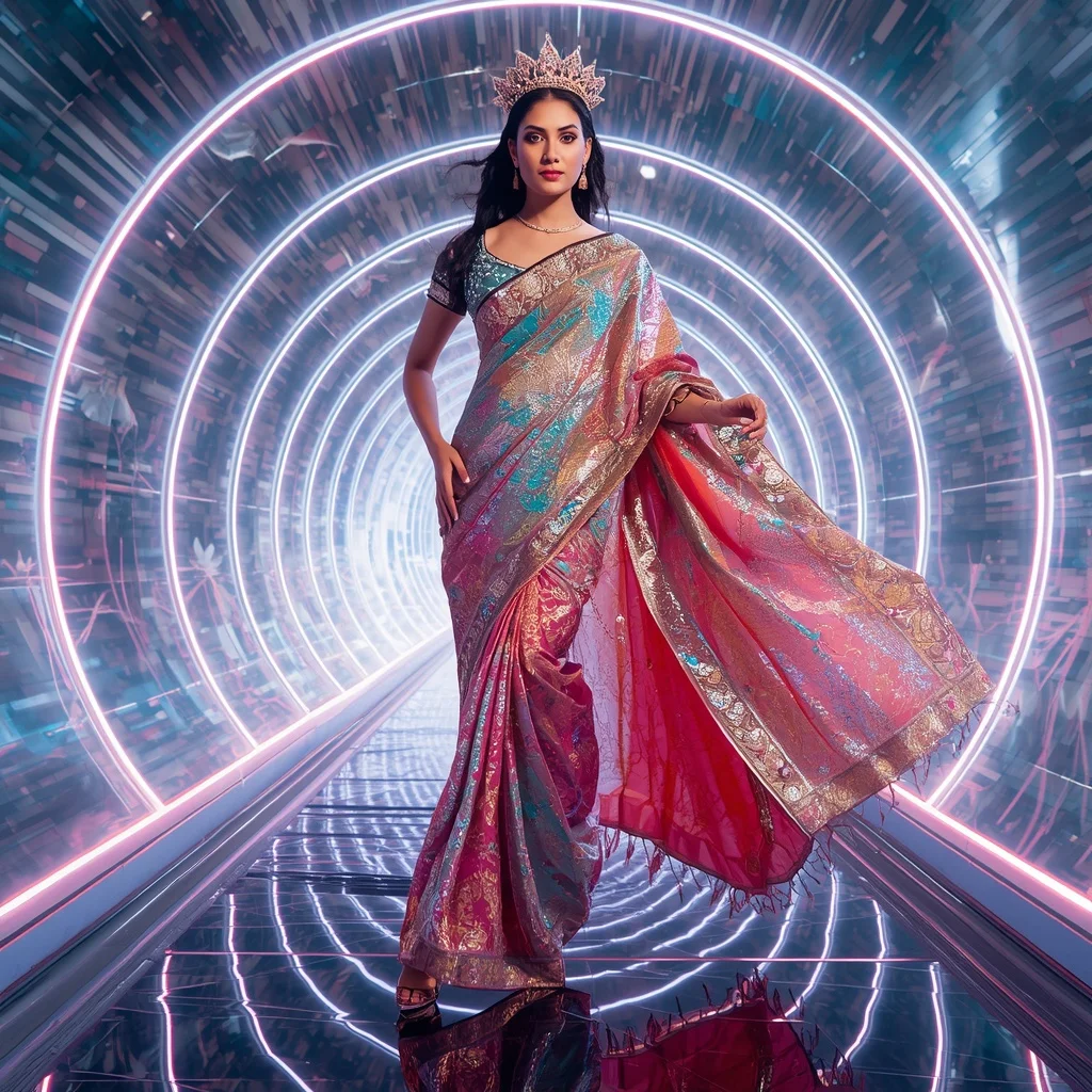 Titanium Solar Celestiaqueen Saree with Holographic Arc Divinexus and Neon Crownstorm Eternityrivers | Ethnic Wear Ai Prompt - Girl Prompt