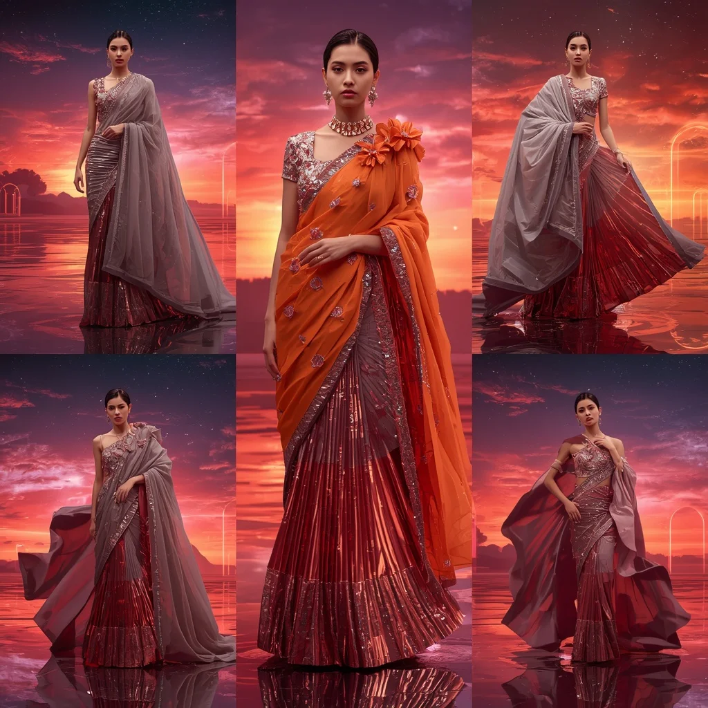 Titanium Sunset Mirage Saree with Neon Horizon Galaxy Universe | Chatgpt Prompt - Girl Prompt