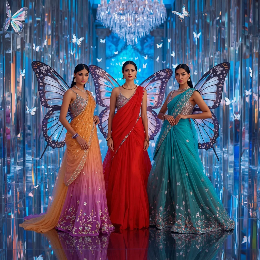 Triple Aurora Butterfly Saree Queens with Celestial Prism Palace Background | Beautiful Woman Ai Prompt - Girl Prompt