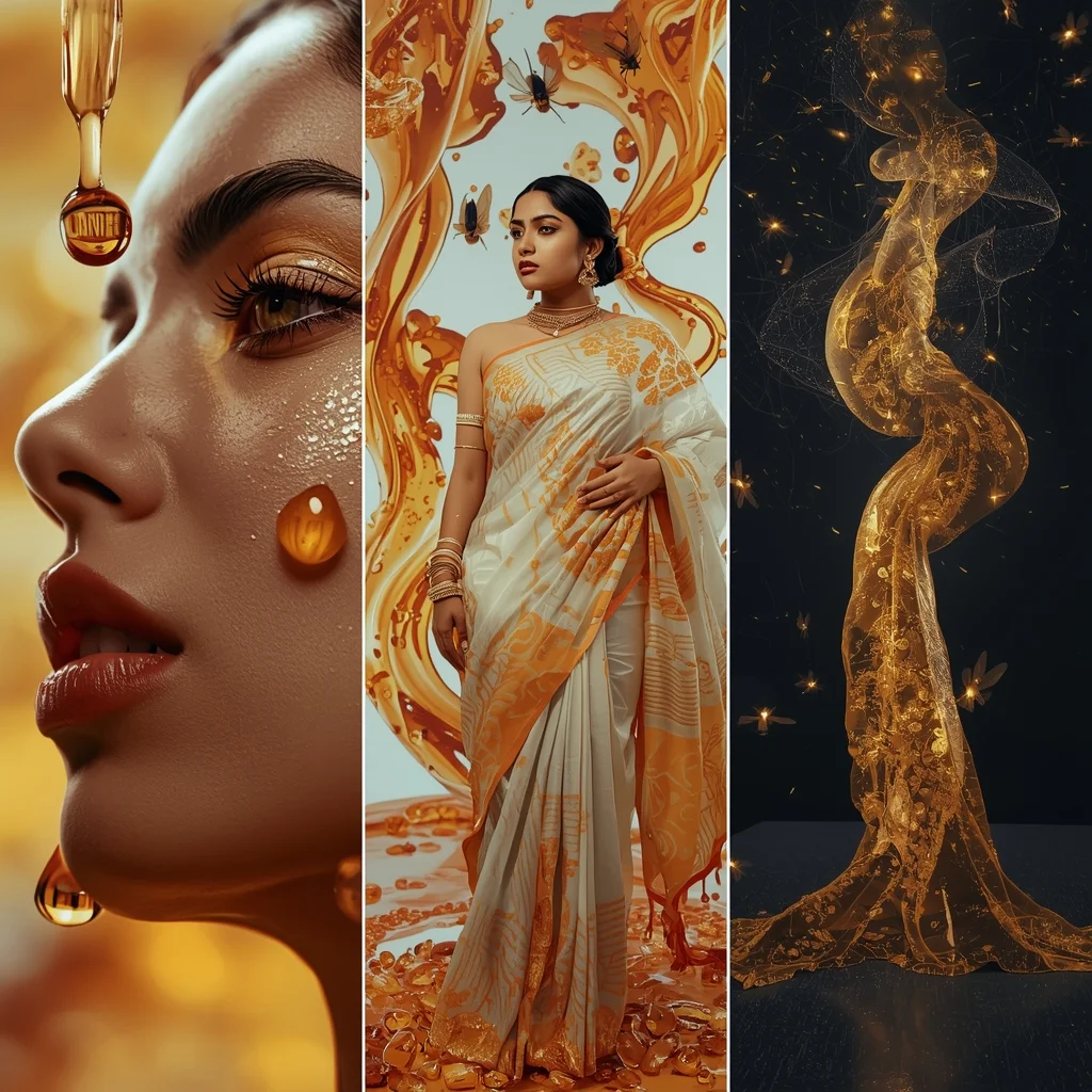 Triptych Grid Levitating Amber Firefly Saree Premium Collage | Saree Pose Ai Prompt - Girl Prompt