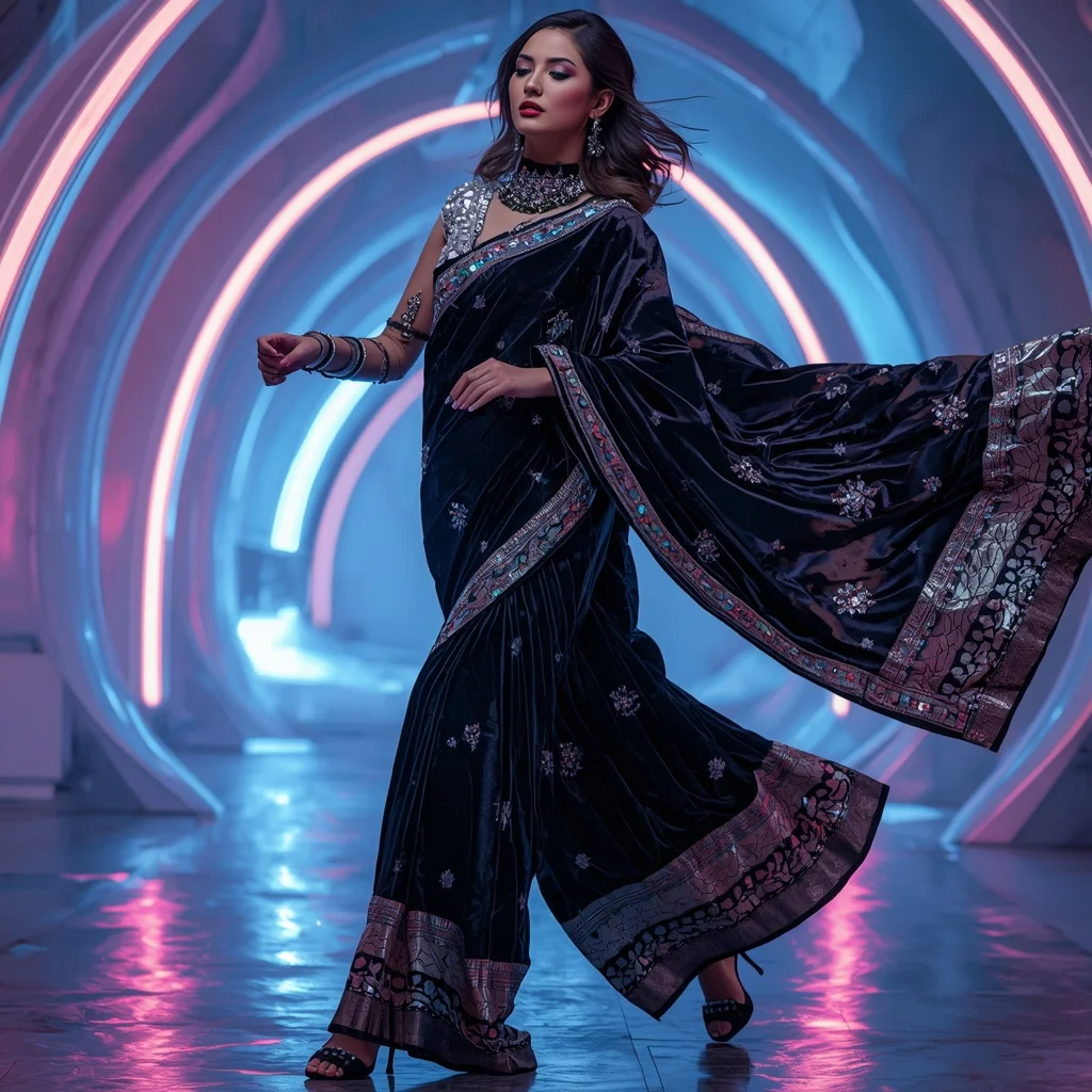 Velvet Chrome Designer Saree with Floating Arc Lights | Motivation Ai Prompt - Girl Prompt