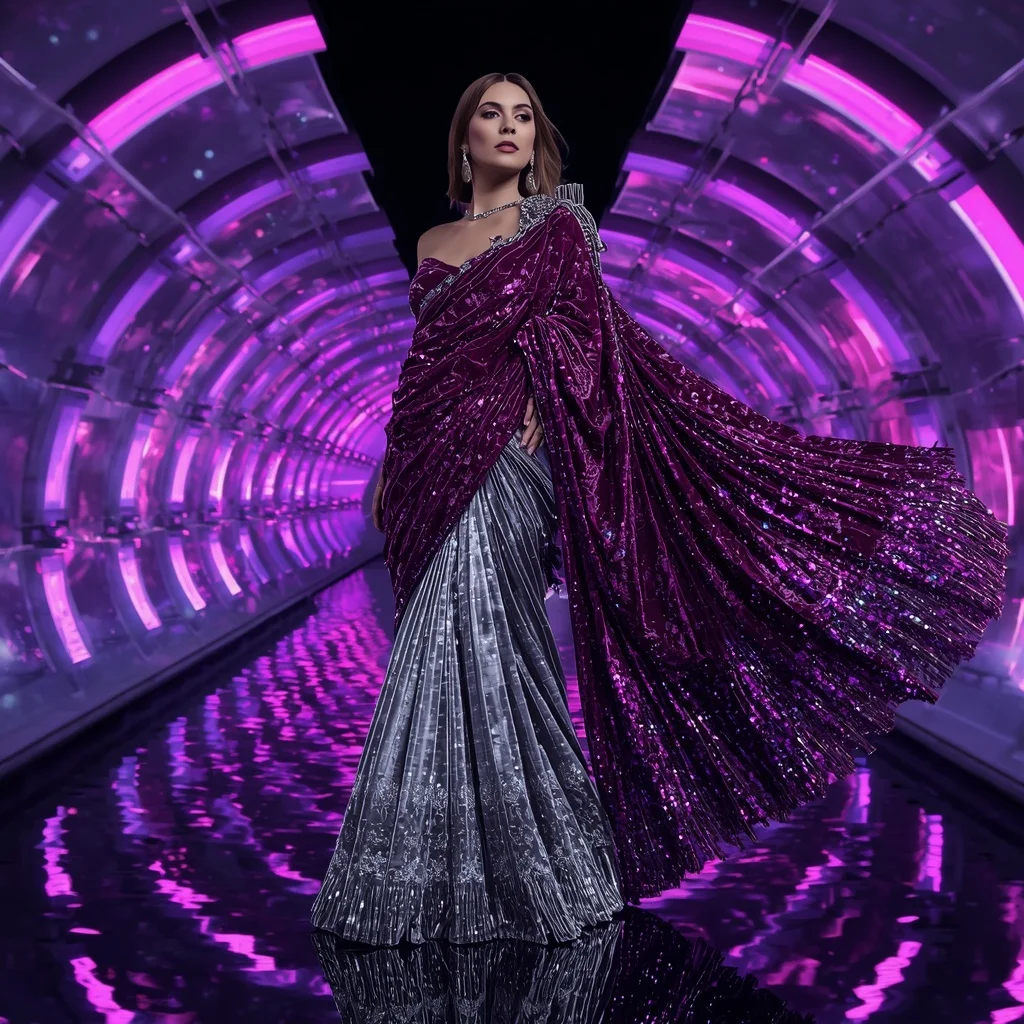 Velvet Cosmic Aurora Saree with Floating Infinity Panels | Viral Reel Girl Prompt - Girl Prompt