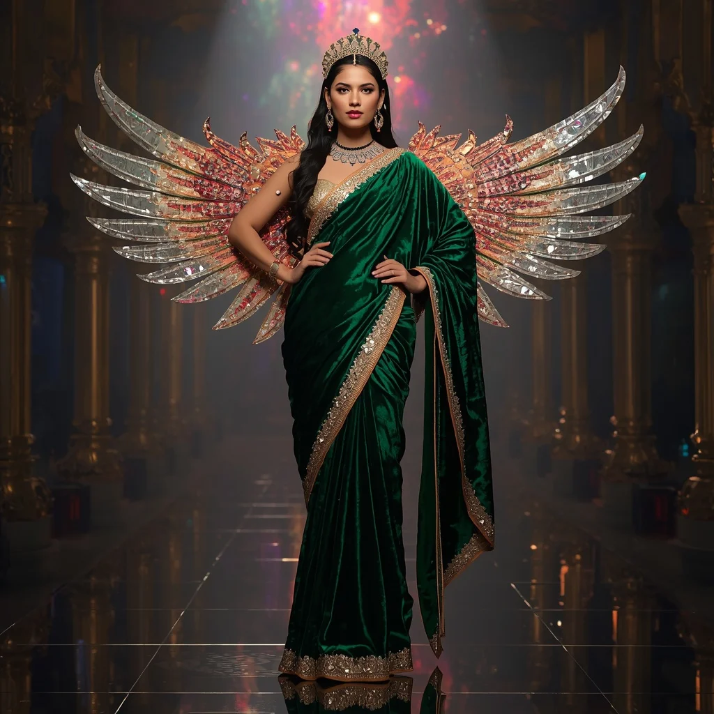 Velvet Emerald Divine Empress Saree with Celestial Bloom Eternityhall and Holographic Flame Crownrealms | New Prompt - Girl Prompt