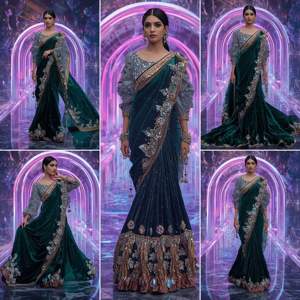 Velvet Mercury Fantasy Saree with Infinite Neon Portal Infinity Kingdom | Instagram Influencer Ai Prompt - Girl Prompt