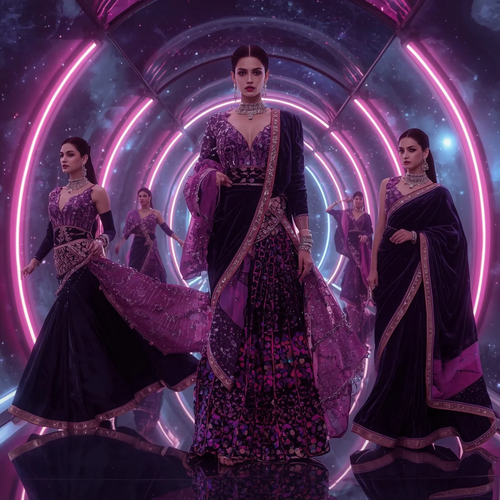 Velvet Nebula Couture Saree with Galaxy Light Chamber | Text To Image Prompt - Girl Prompt