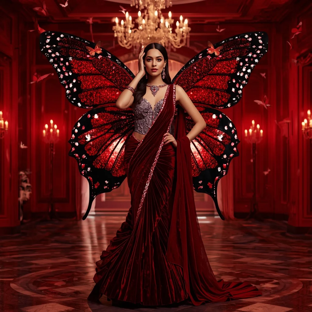 Velvet Ruby Butterfly Saree Fashion Sequence with Crimson Jewel Ballroom Background | Ai Art Prompt - Girl Prompt