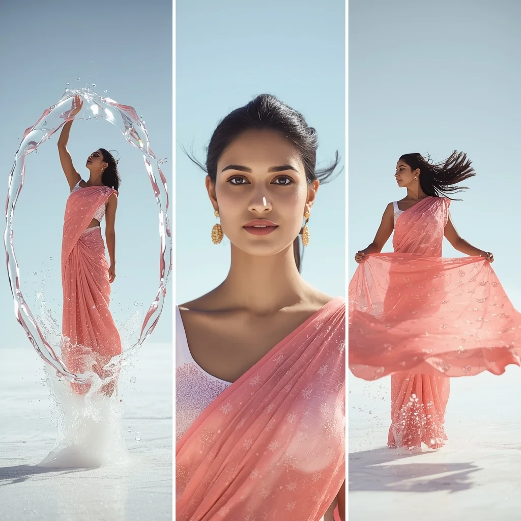 Zero Gravity Liquid Opal Splash Triptych Soft | Saree Pose Ai Prompt - Girl Prompt